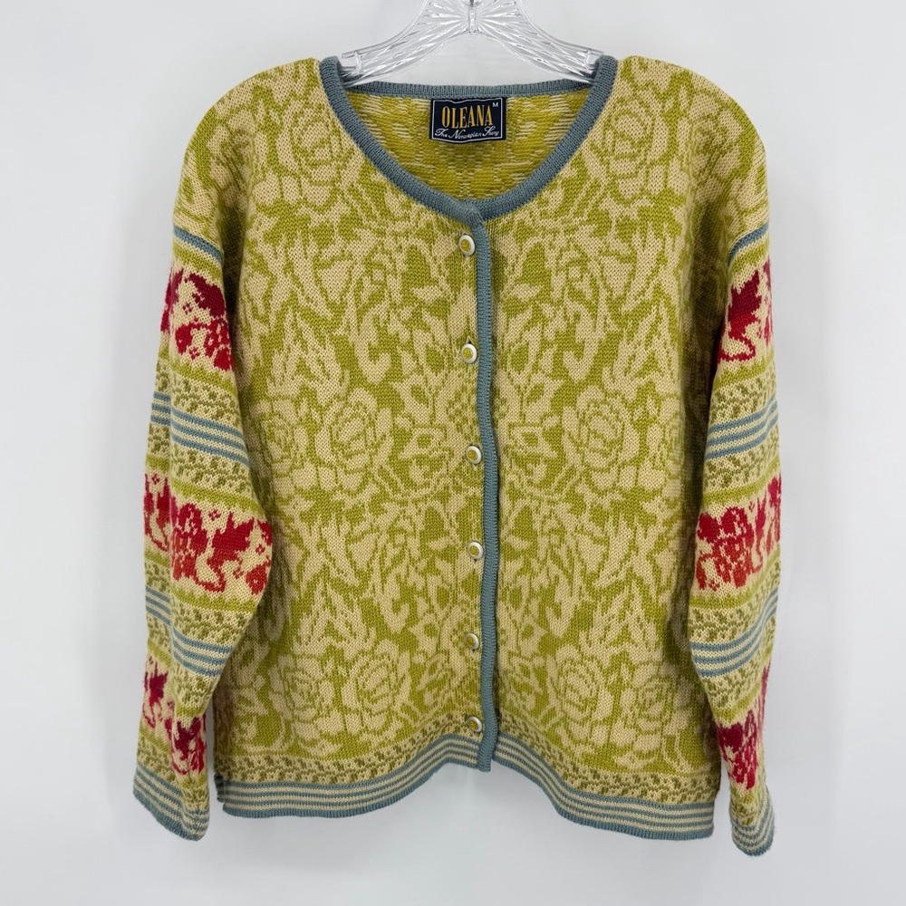 Oleana Norway Floral Print Cardigan Pure New Wool Green Red Size M